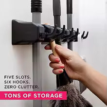 Wall-Mounted Mop & Broom Holder – 5 Slots + 6 Hooks Organizer Rack