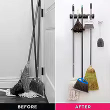 Wall-Mounted Mop & Broom Holder – 5 Slots + 6 Hooks Organizer Rack