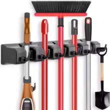 Wall-Mounted Mop & Broom Holder – 5 Slots + 6 Hooks Organizer Rack